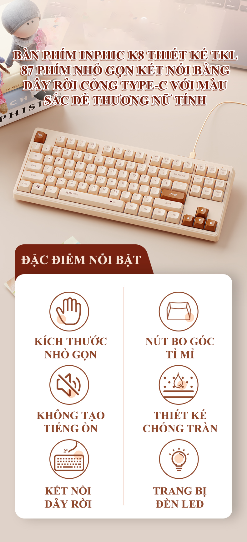 Combo bàn phím và chuột có dây chuyên game INPHIC K8 + PW5N có led thiết kế màu trà sữa dành cho các nữ game thủ - Hàng Chính Hãng