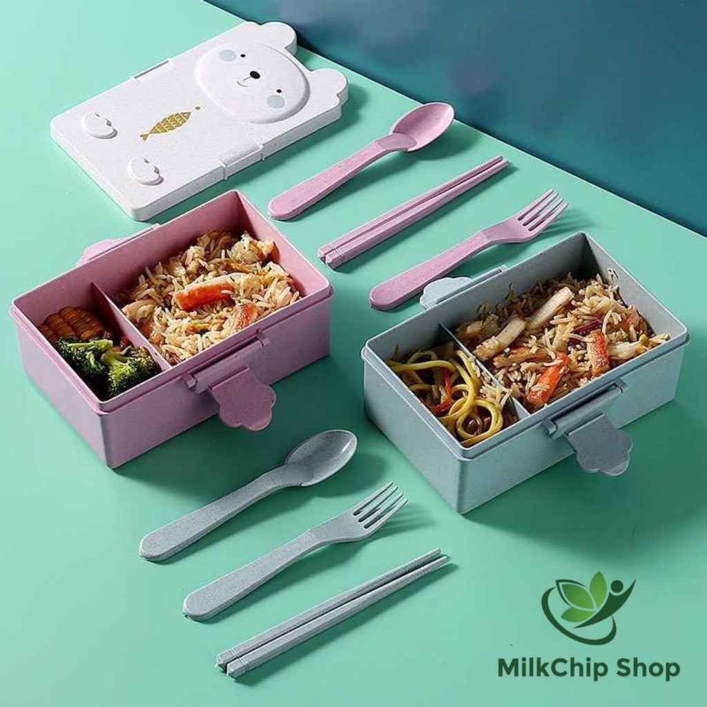 Hộp Cơm Lúa Mạch Hình Gấu Thỏ Kèm Đũa Muỗng Nĩa