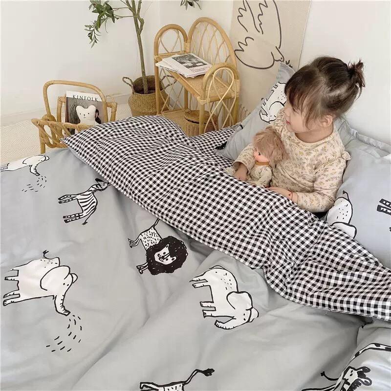 Bộ chăn ga Cotton Poly M2T bedding chăn ga Hàn Quốc họa tiết vườn bách thú đủ size miễn phí bo chun