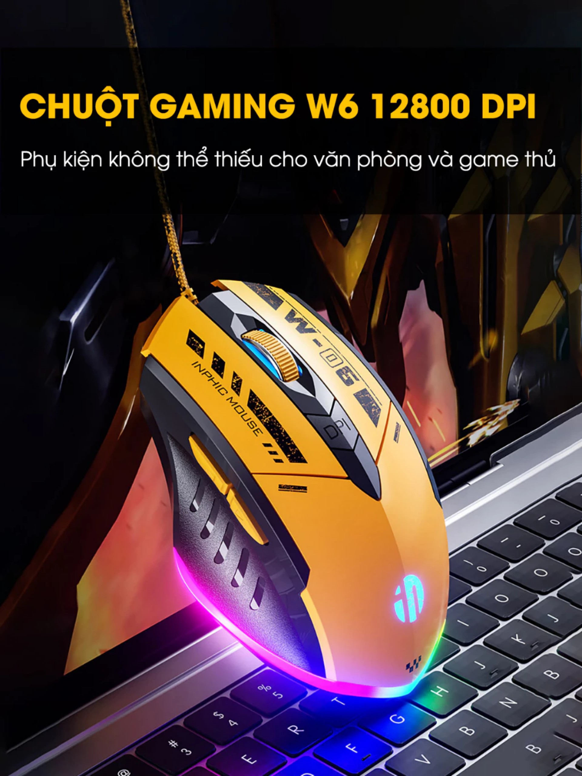 Chuột gaming máy tính có dây TEKKIN W6 12800 DPI có 6 nút hỗ trợ app led RGB 16 triệu màu - hàng chính hãng