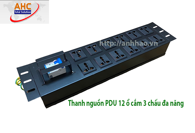 Thanh nguồn PDU 12 ổ cắm 3 chấu đa năng, dùng lắp dọc cho tủ Rack