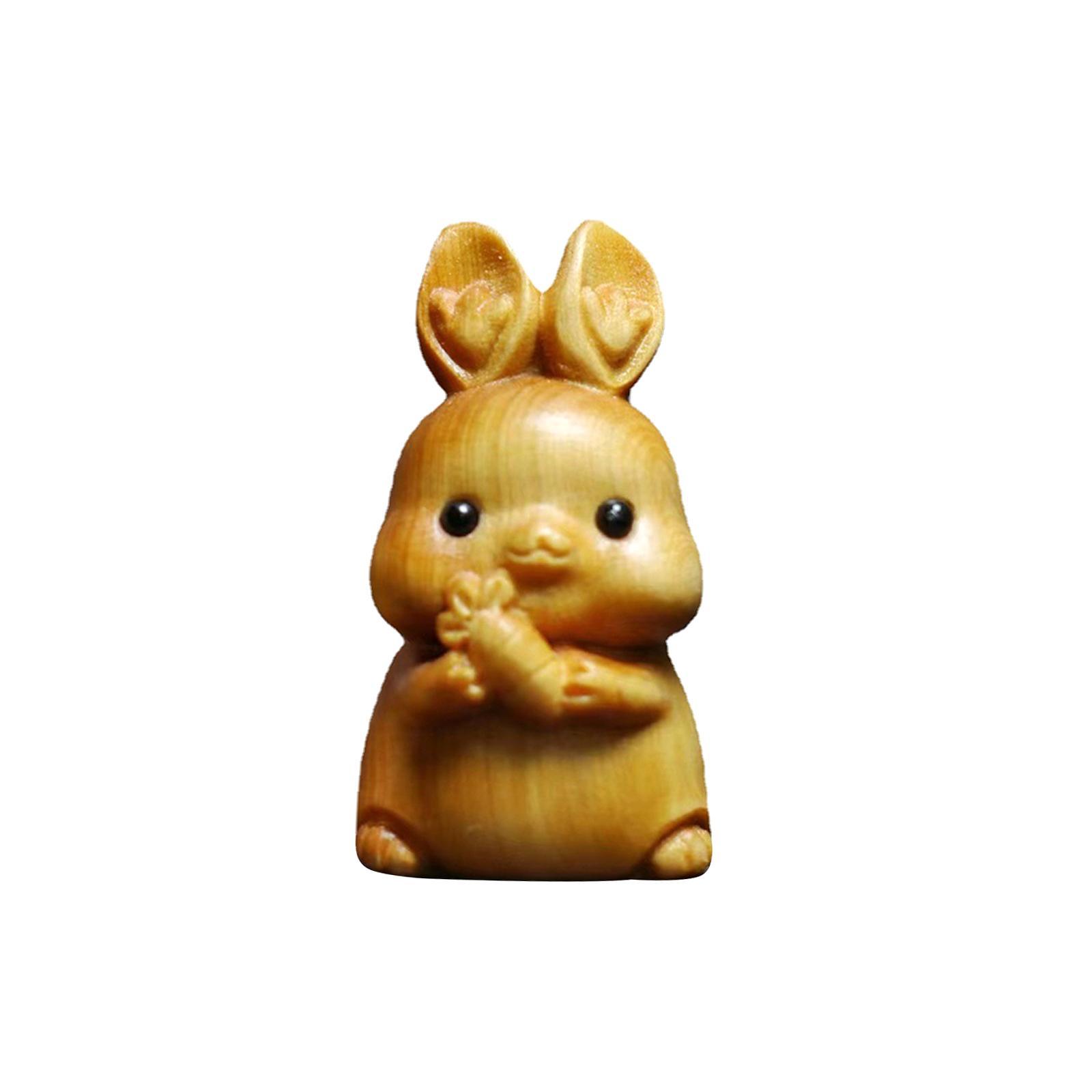 Wood Carving Rabbit Statue Crafts DIY Collectibles Desktop Ornament Miniature Figurine Sculpture for Bookshelf Desktop Living Room