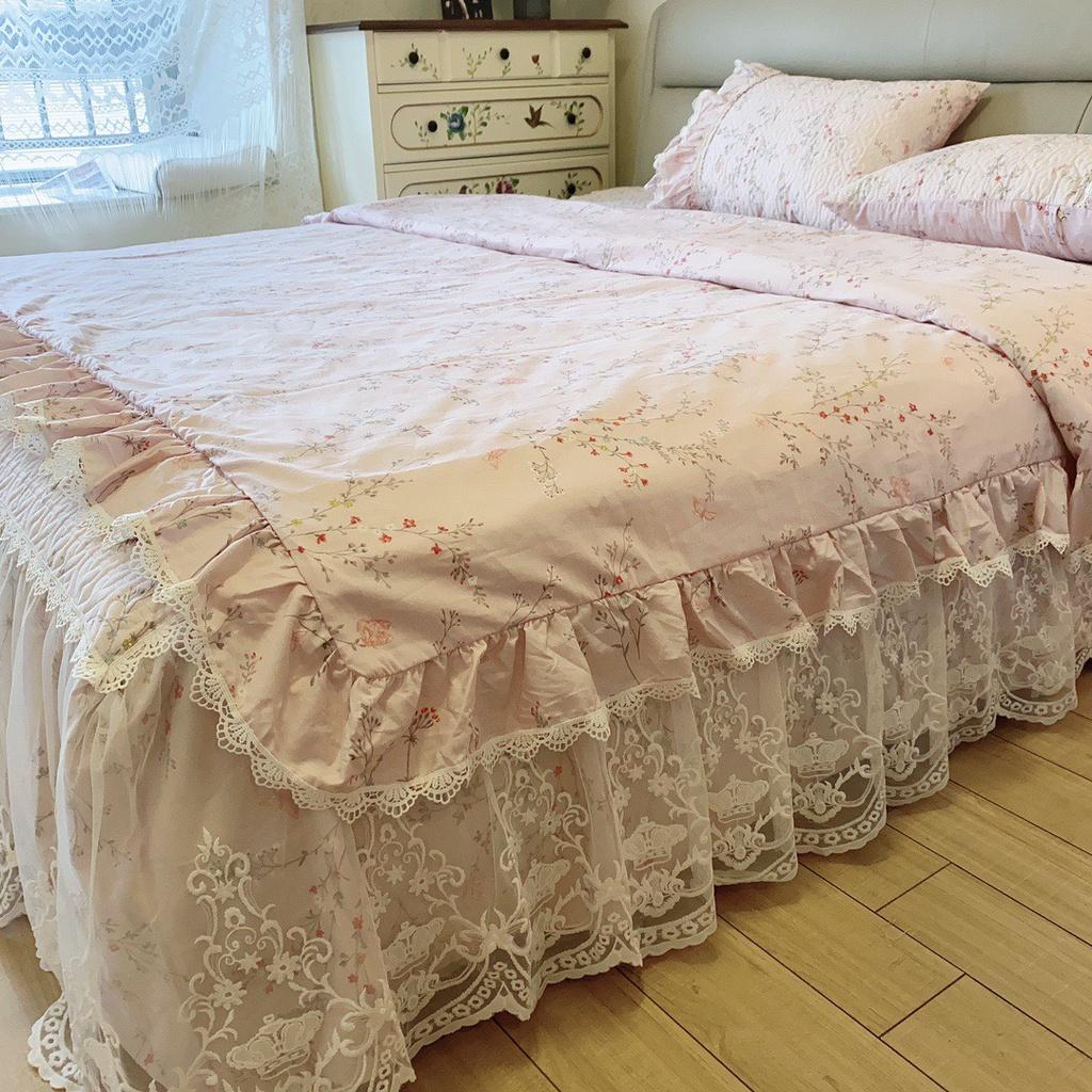 Bộ Ga Gối Phủ Cotton Trần Bông 3 Lớp - Ga Phủ Viền Bèo Đính Ren Công Chúa Hàng Nhập Khẩu