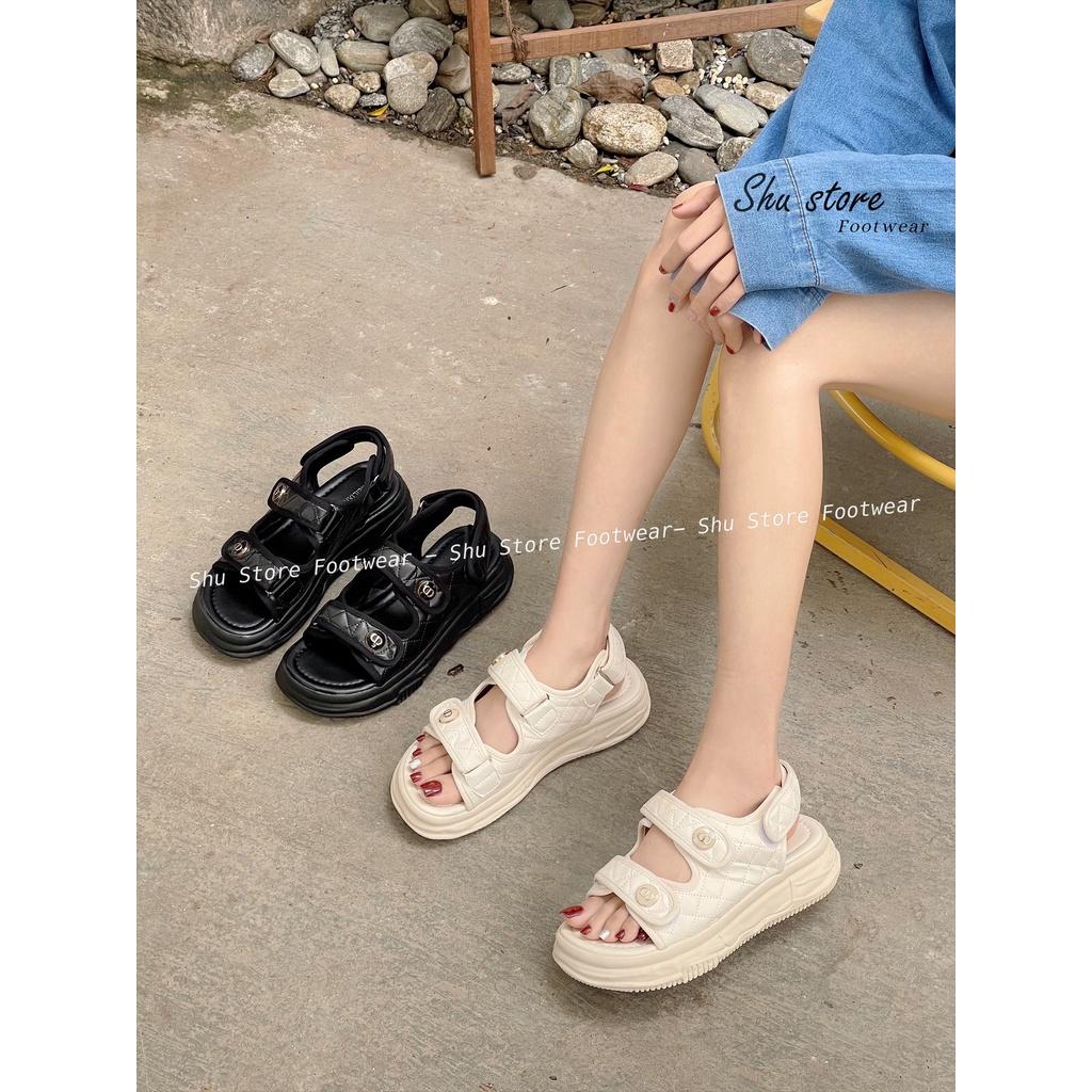 Sandal quai dán chỉ nối đế độn 5 phân 2 màu đen trắng năng động cho nàng