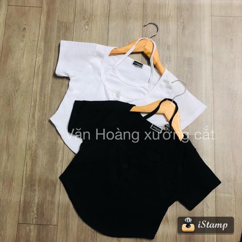 Áo croptop ngắn tay yếm liền cổ trụ vải thun gân mềm mịn
