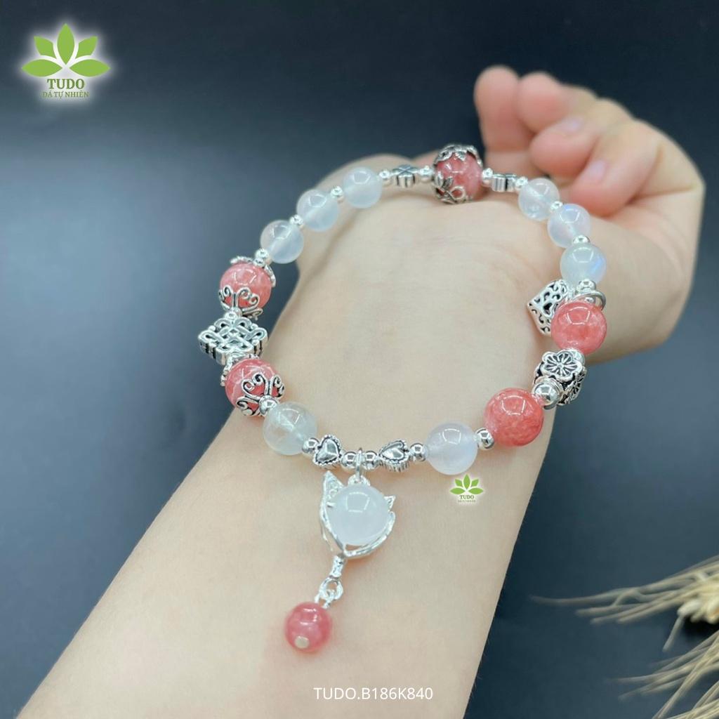 Vòng Tay Nữ Đẹp - Vòng Phong Thủy Mệnh Kim Thủy TUDO B187K1000 VCBDAOH VCBMOON hồng, trắng, Charm Bạc Cát Tường, Ốp Hoa