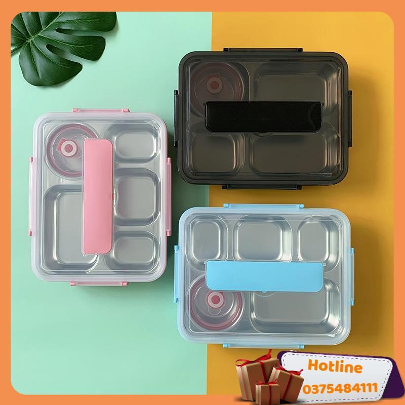 Khay Đựng Cơm Văn Phòng Inox 5 Ngăn Cao Cấp Có Nắp Đậy + Tặng Kèm Bộ Đũa Thìa Và Bát Sứ - Hàng Loại 1