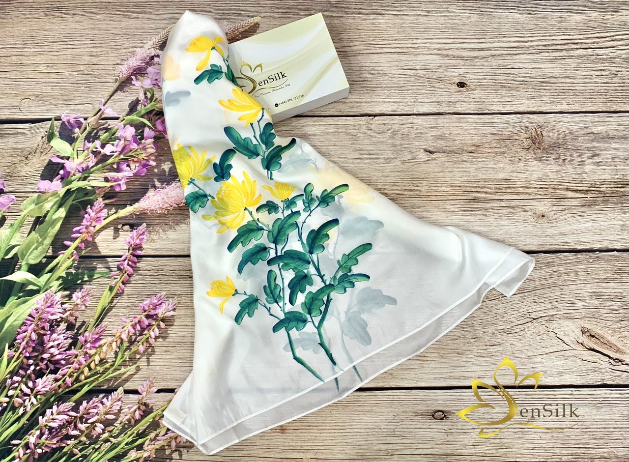 Khăn Lụa Tơ Tằm Vẽ Hoa Cúc Vàng SenSilk - Art of Silk Quà Tặng Mẹ - Hand Painted Silk Scarf - High Quality Pure Silk