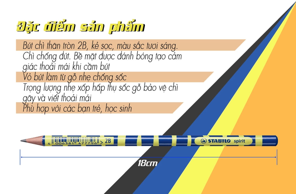 Bộ bút chì gỗ STABILO spirit 419 2B thân tròn - Bộ 6 bút (3 màu x2) + Gôm tẩy ER198 (PC419-C6+)