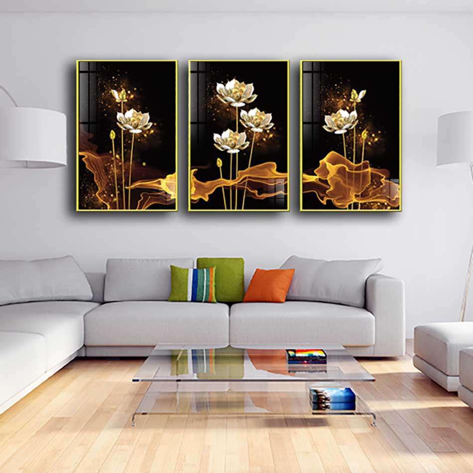 Bộ 3 tranh mica cao cấp Hoa sen trắng - MK074