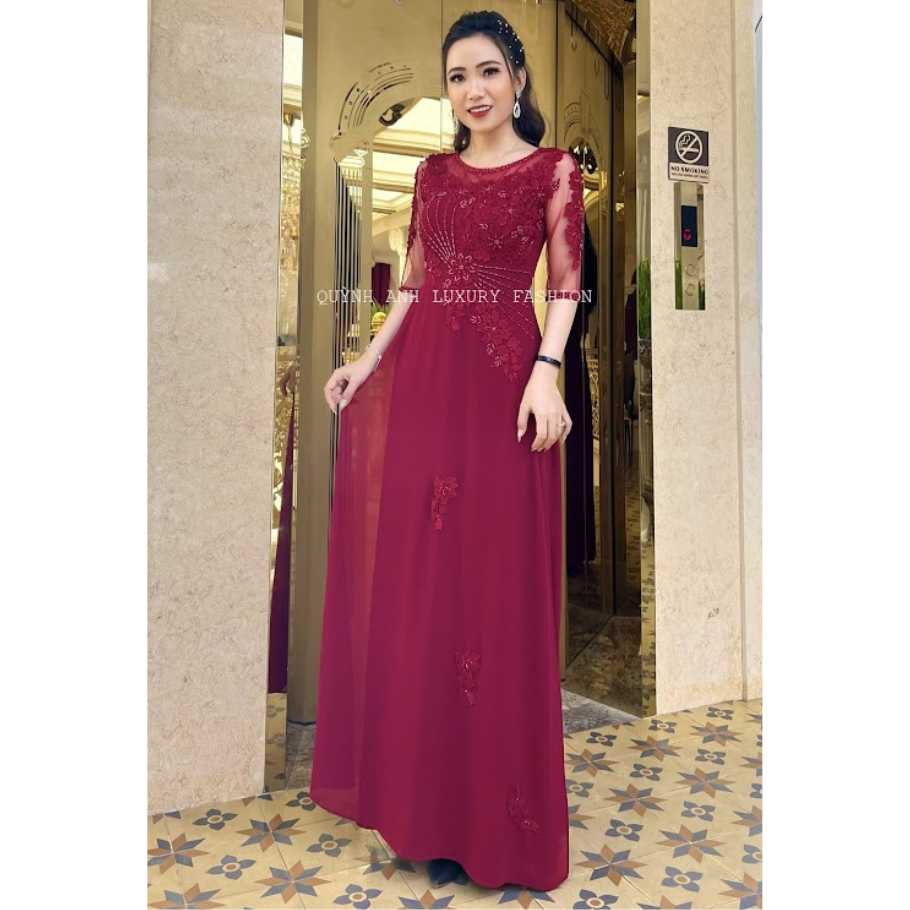 Áo Dài Dạ Hội Đám Hỏi Màu Đỏ Đính Đá Kết Hoa Anthea Dress