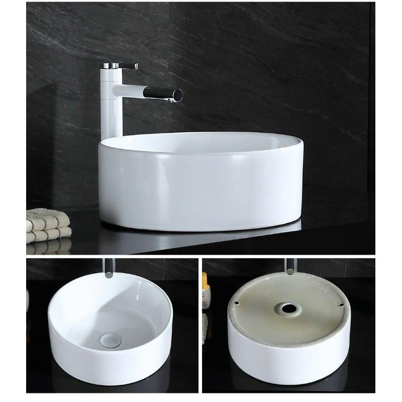 Lavabo đặt bàn tròn trắng dùng vòi 3 tấc