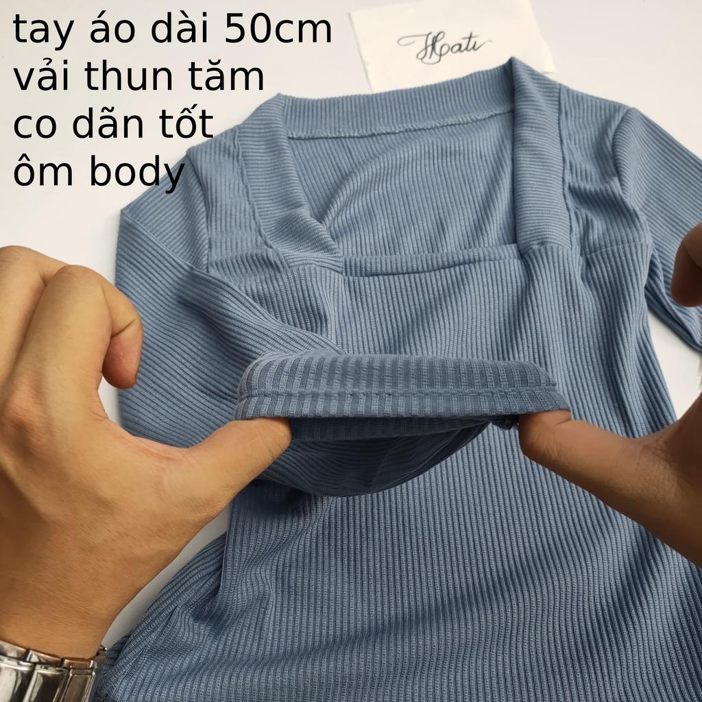 Áo thun gân ôm body tay dài cổ vuông A014