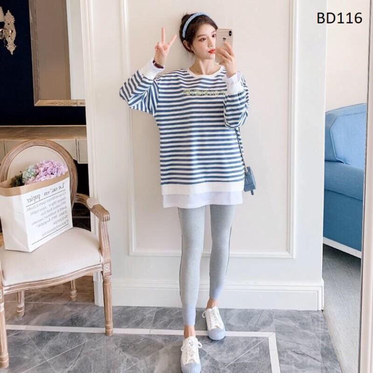 Bộ bầu và sau sinh , họa tiết kẻ xanh trắng cực trẻ trung, xinh xắn BD116