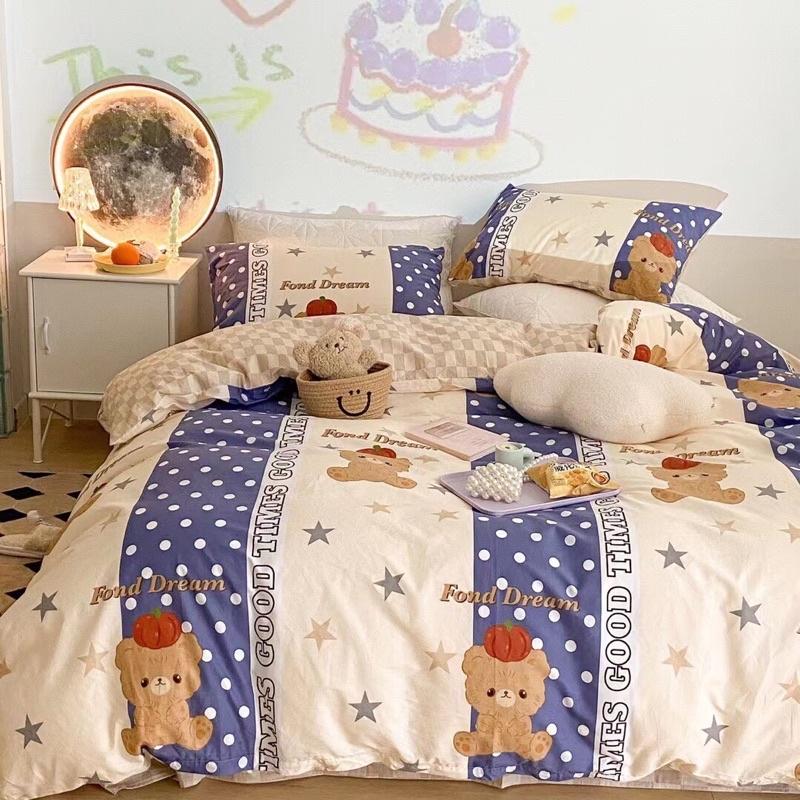 Bộ Chăn Ga Gối Cotton Living 100%cotton Hàng Nhập Khẩu Cao Cấp 4 Món Gấu teddy