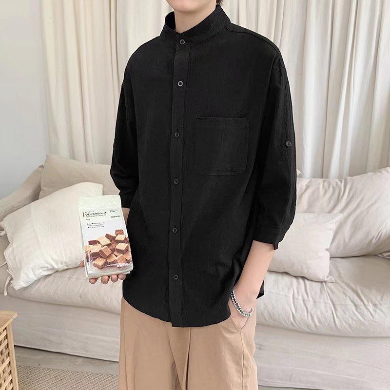 Áo Sơ Mi Cotton Lanh Tay Lỡ 3/4 Cổ Đứng 7 Màu Phong Cách Hàn Quốc Thời Trang Cho Nam M-3XL