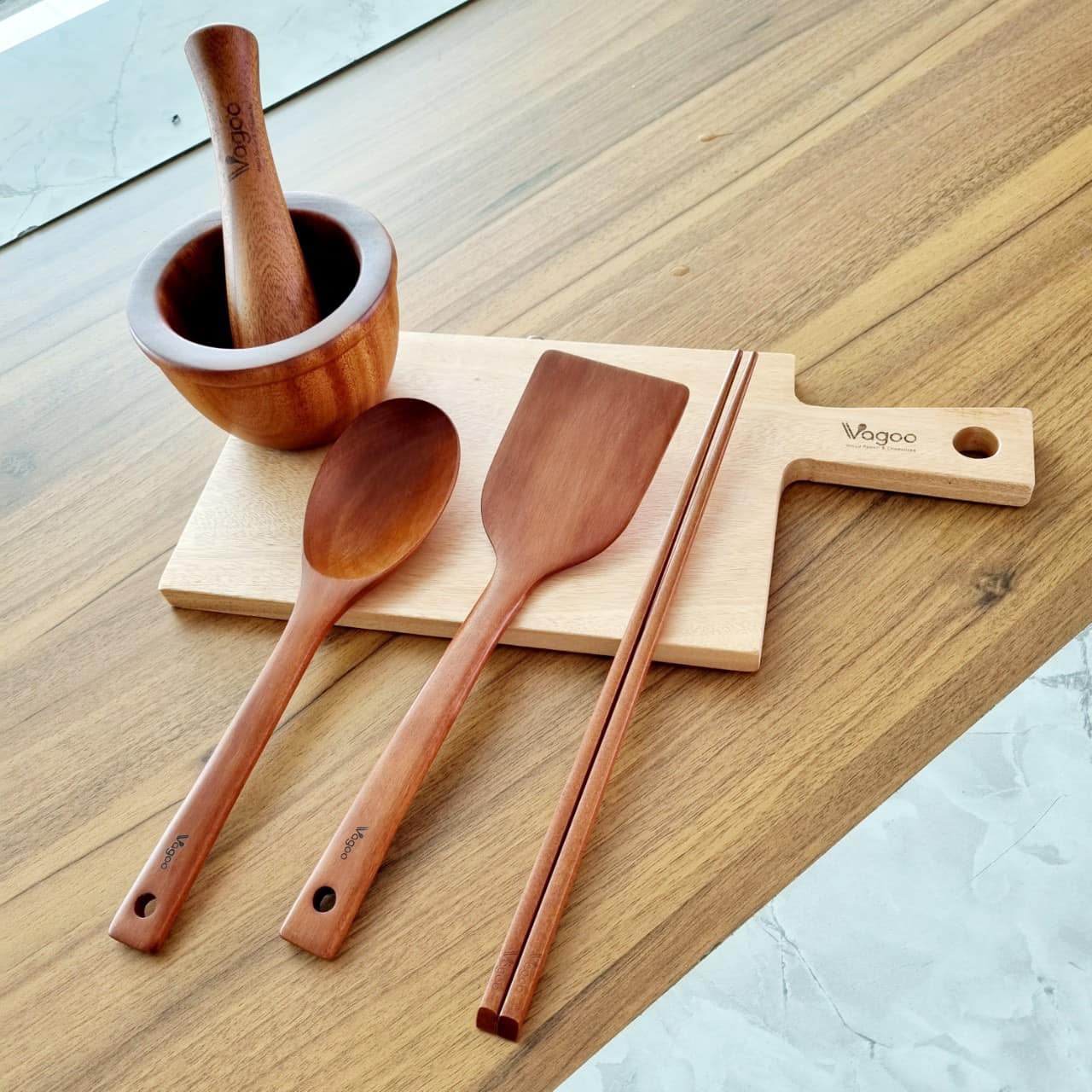 Bộ Dụng Cụ Bếp Bằng Gỗ Nhãn Tự Nhiên - VAGOO - Làm Thủ Công Chống Thấm, Chống Ẩm Mốc, An Toàn Sức Khoẻ