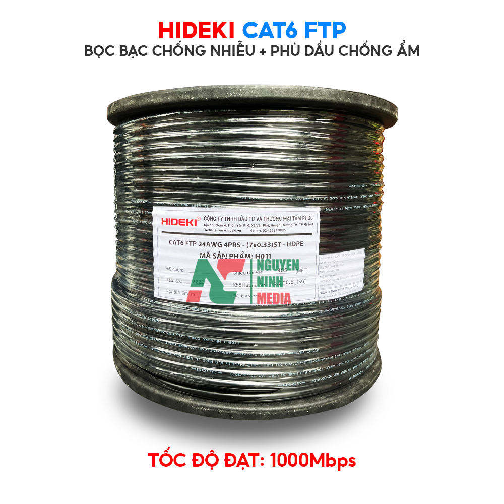 Dây Mạng Ngoài Trời HIDEKI CAT6 FTP 8 Lõi Đồng Nguyên Chất, Bọc Bạc Và Có Sợi Thép Chịu Lực, Vỏ HDPE Siêu Bền - Hàng Chính Hãng