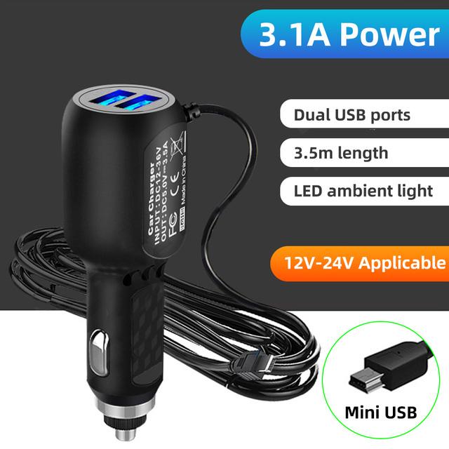 2 Cổng USB Bộ điều hợp bộ sạc xe hơi USB với cáp 3,5m cho máy ảnh DVR Dash