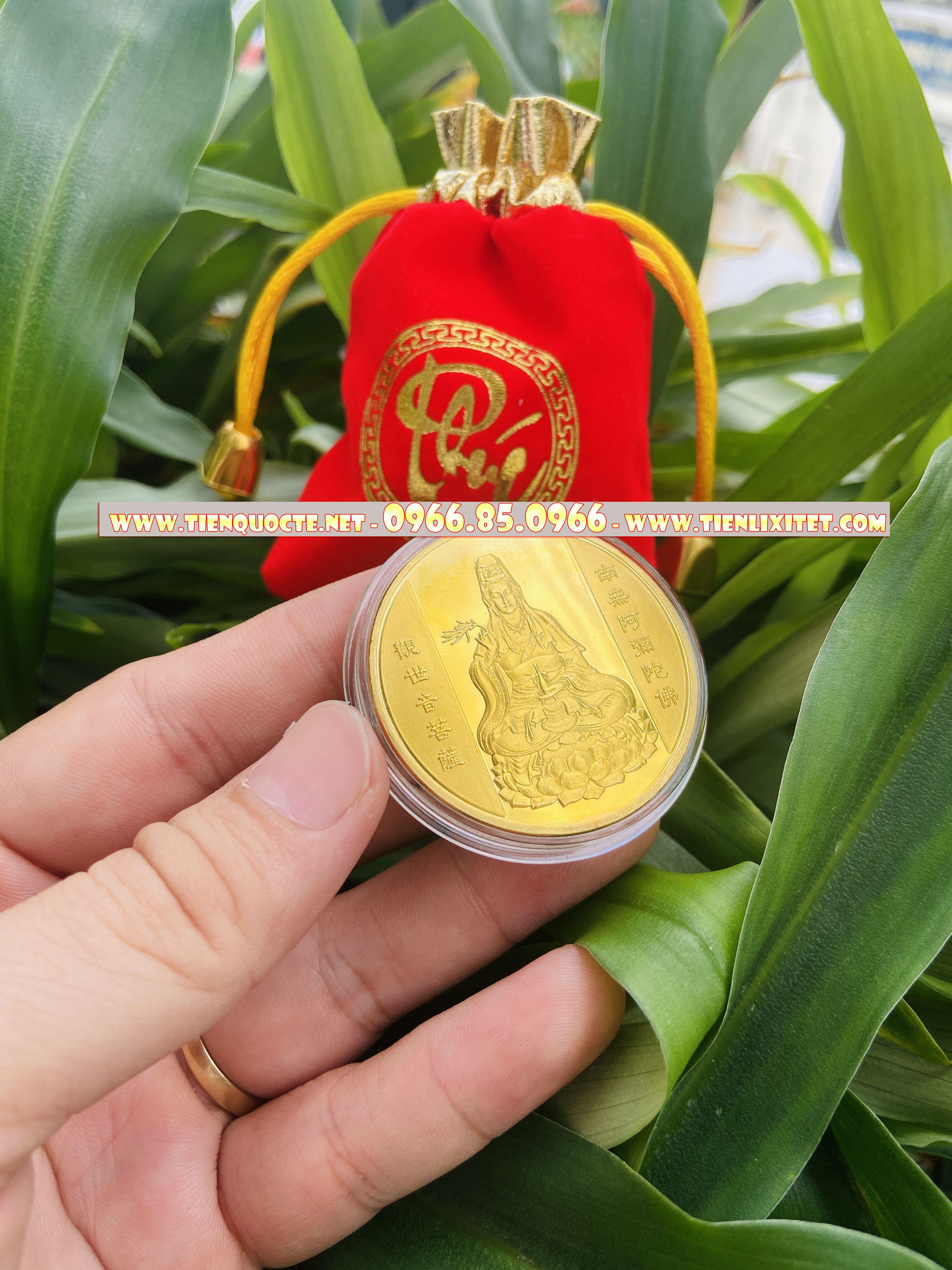 Quà tết 2023 lì xì Đồng Xu Quan Âm Bồ Tát Phong Thuỷ May Mắn Tặng Kèm Túi Gấm LGLSC000169