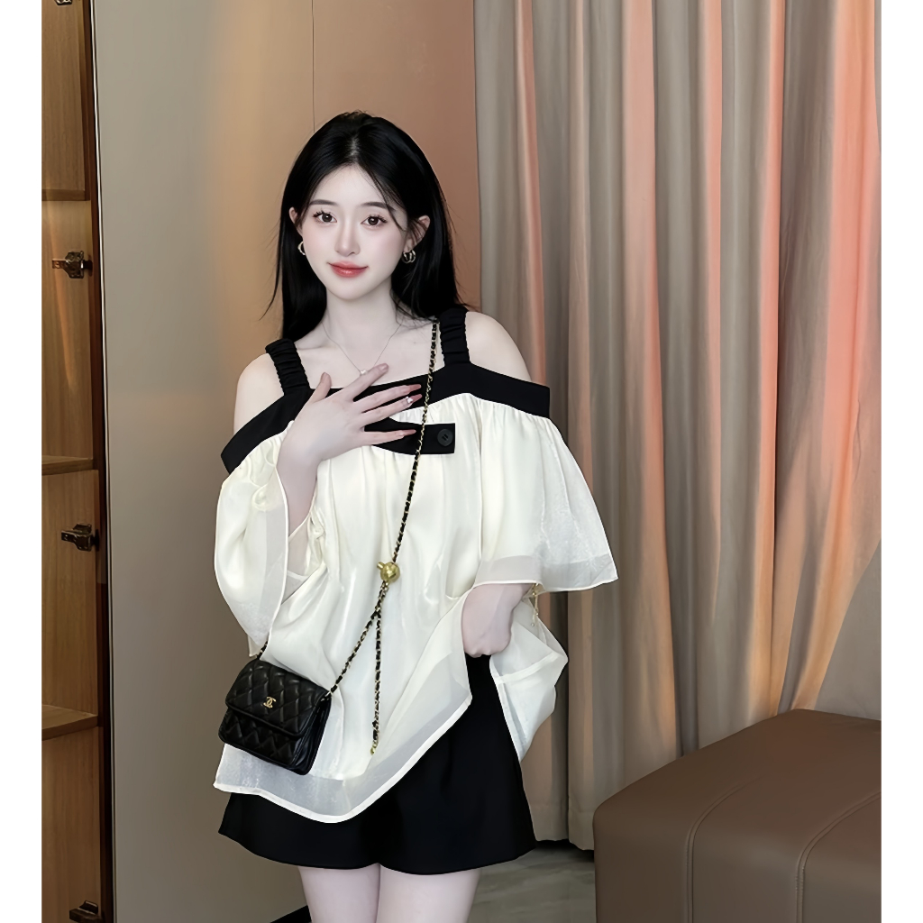Set áo trễ vai 2 dây mix quần short siêu xinh phong cách hàn quốc có ảnh thật kèm video