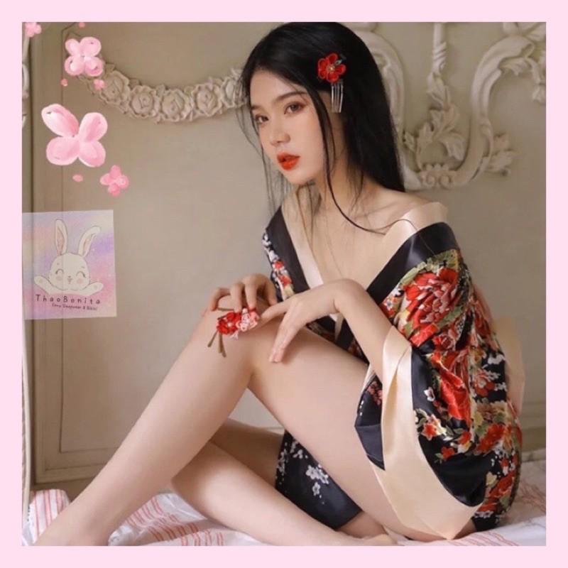 Set KIMONO Hoa đỏ, đen cao cấp, Cosplay cổ trang cực đen T211 GIAO HOẢ TỐC HCM