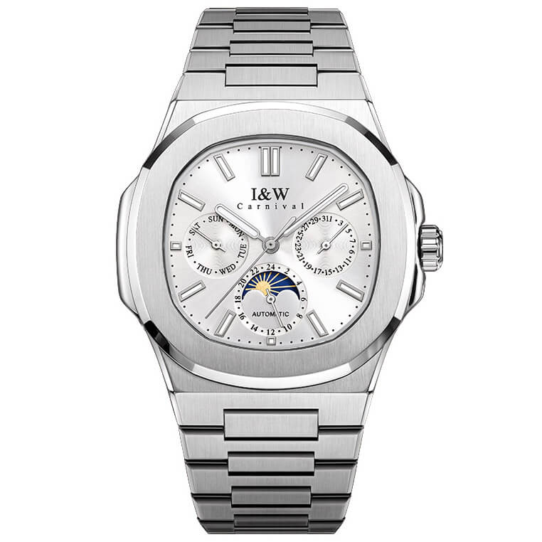 Đồng hồ nam chính hãng I&W CARNIVAL 55886G-5 mặt trắng size mặt 42mm,kính sapphire ,chống nước 50m,dây thép không gỉ