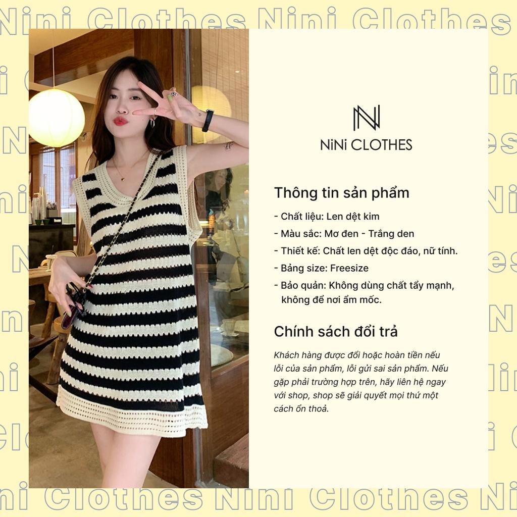 Váy Midi dệt kim dáng suông không tay nữ hoạ tiết kẻ sọc phong cách Hàn Quốc