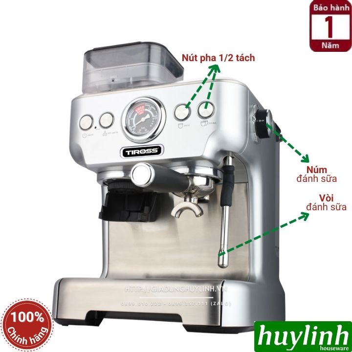 Máy pha cà phê Espresso Tiross TS6213 - Tích hợp máy xay cafe [Model mới 2022] - Hàng chính hãng