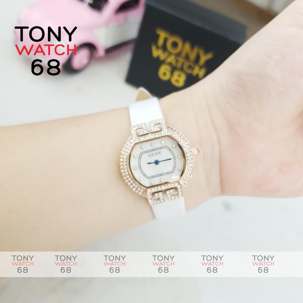 Đồng hồ nữ Guou chính hãng chống nước viền đá kim cô dây da kim xanh 6038