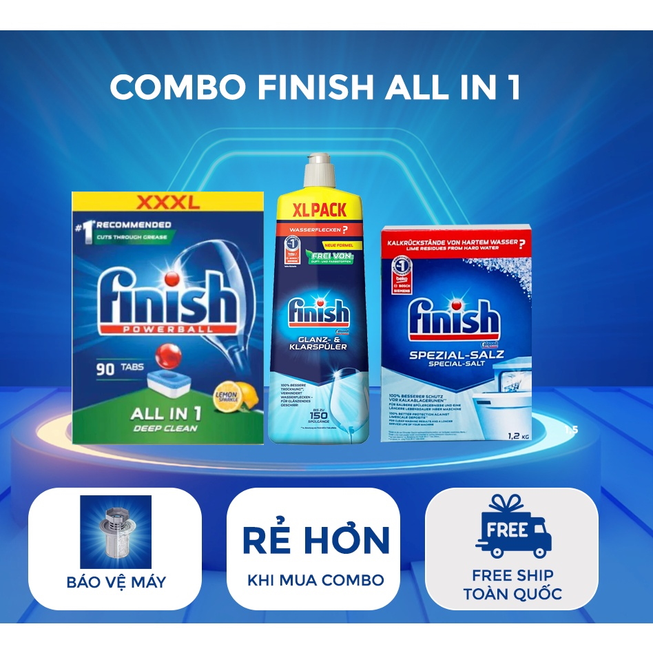 Nước làm bóng finish 1150ml+100 Viên rửa bát Finish All in 1+Muối rửa bát Finish 1.5kg