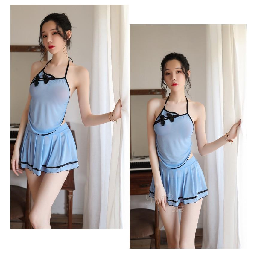 Đồ ngủ áo yếm kèm chân váy sexy, áo ngủ hở lưng xuyên thấu gợi cảm TK3066