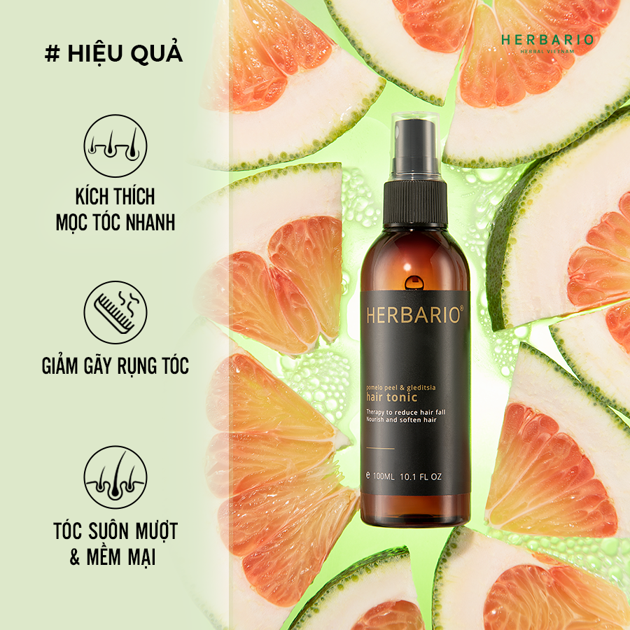 Nước dưỡng tóc Vỏ Bưởi &amp; Bồ Kết Herbario 100ml (pomelo peel &amp; gleditsia hair tonic) giúp giảm rụng tóc kích thích mọc tóc nhanh