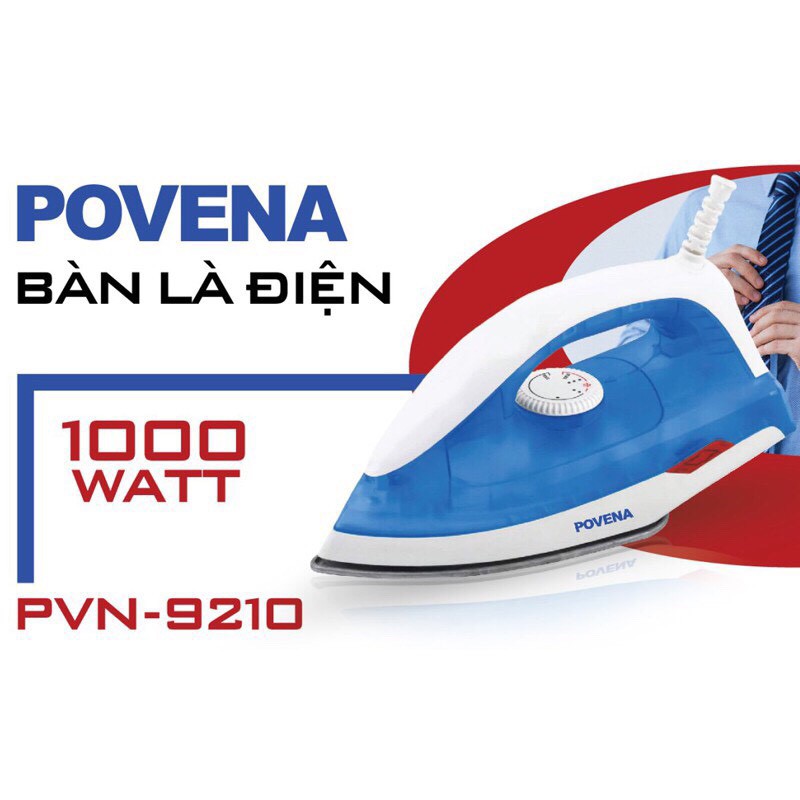 Bàn ủi khô Povena 1000W Povena PVN-9210 mặt đế phủ chống dính, cảm biến nhiệt ngắt an toàn, màu ngẫu nhiên-Hàng chính hãng