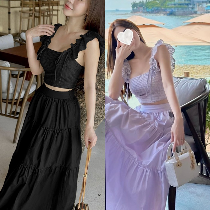 ĐẦM MIDI SET ÁO CROPTOP DÂY CỔ U TAY NGẮN + CHÂN VÁY DÀI CHỮ A XẾP LY SUÔNG TRƠN MAXI PASTEL ĐI TIỆC ĐI BIỂN ĐI CHƠI DẠO PHỐ