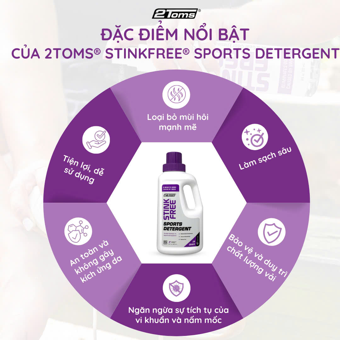 Nước giặt khử mùi hôi và vết bẩn cho quần áo và dụng cụ thể thao 2Toms StinkFree Sports Detergent