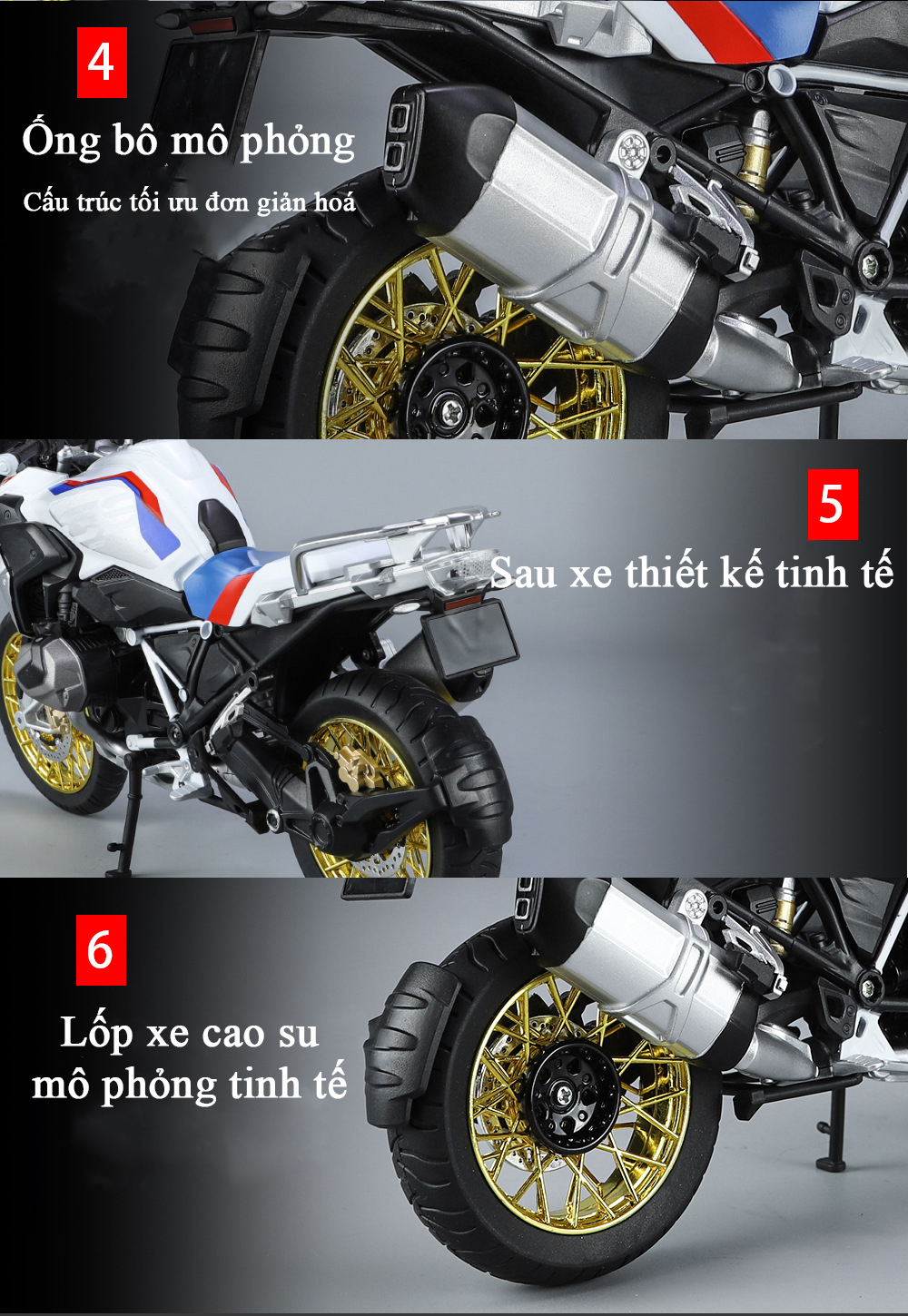 Mô hình xe mô tô BMW R1250GS tỷ lệ 1:9 có nhạc và đèn bằng hợp kim kèm 3 thùng capo
