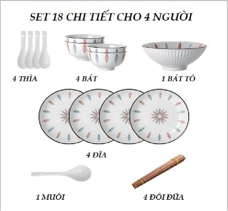 Set bàn ăn 18 chi tiết họa tiết lá phong cách Nhật cho 4 người