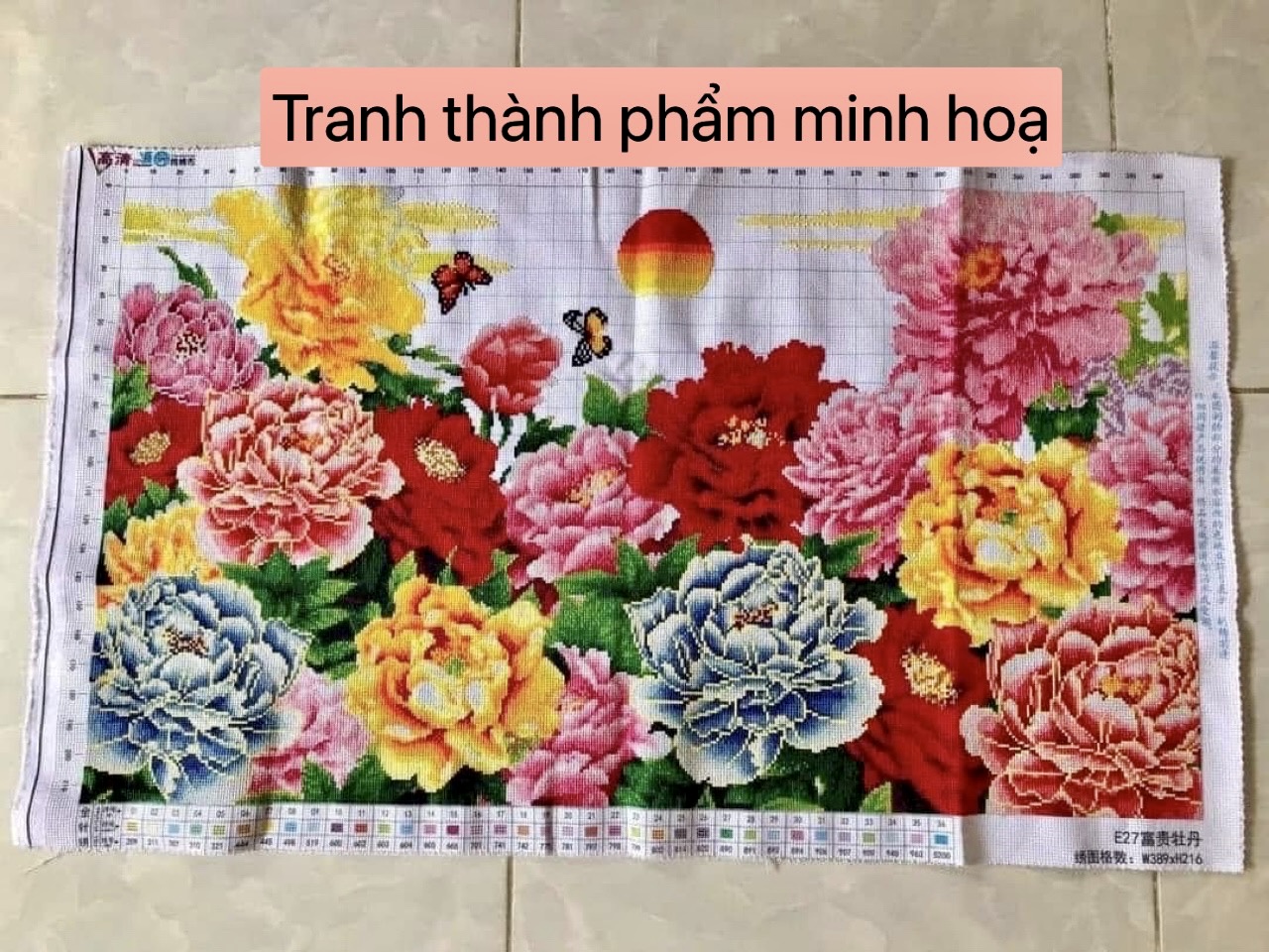 Tranh thêu chữ thập, tranh thêu kín Hoa mẫu đơn E27, kích thước 100 x 60 cm