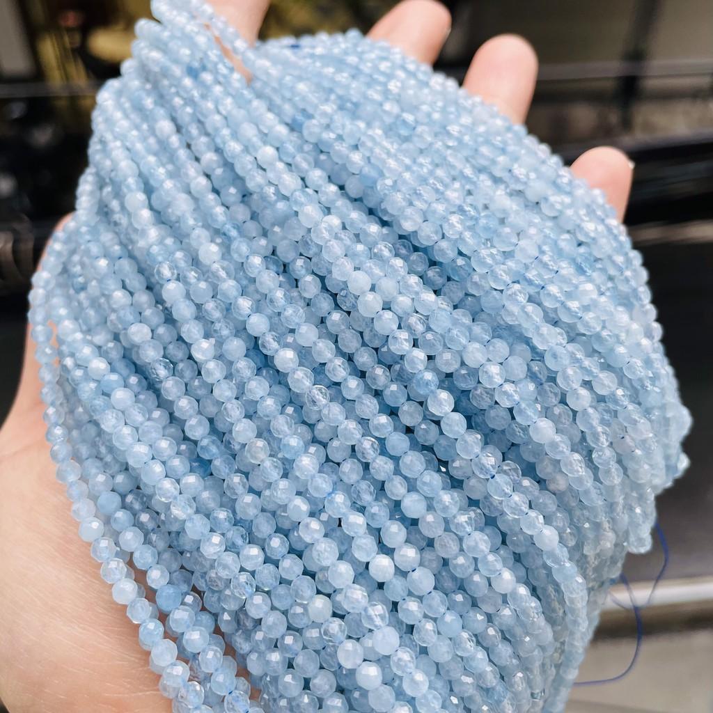 Vòng tay aquamarine cắt giác 3.5 ly chuỗi 108 hạt hàng thiên nhiên mệnh Thuỷ và Mộc