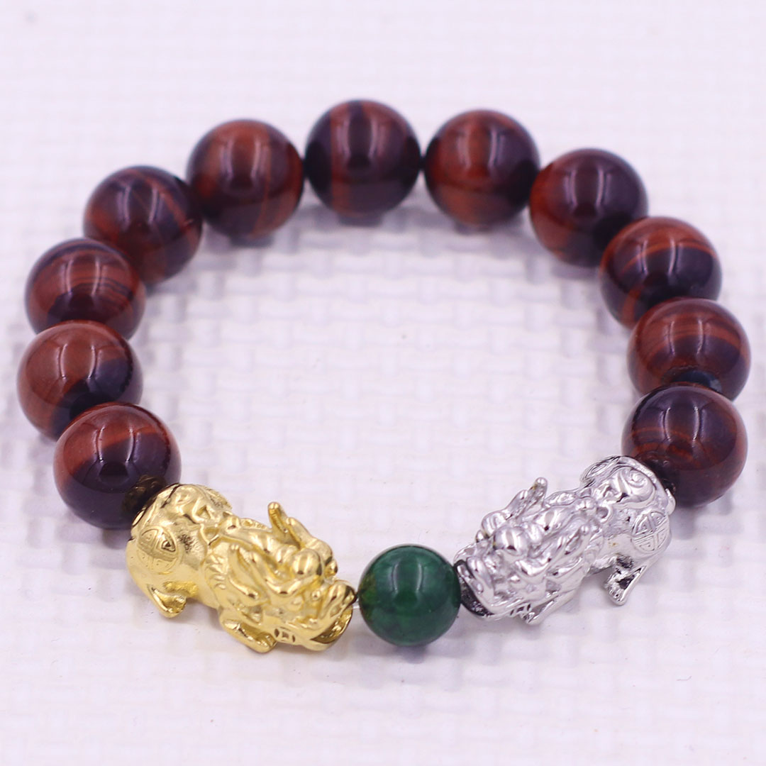 Vòng chuỗi đeo tay đá mắt hổ đen đỏ 12 ly charm tỳ hưu đôi inox trắng và vàng, vòng chuỗi phong thủy, charm tỳ hưu, vòng tay hạt chuỗi