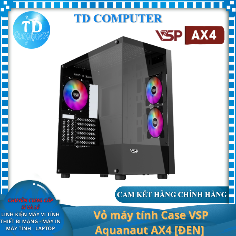 Vỏ máy tính Case VSP Aquanaut AX4 [ĐEN] 2 mặt kính (ATX/M-ATX/mATX) (Không kèm Fan) - Hàng chính hãng Tech Vision phân phối