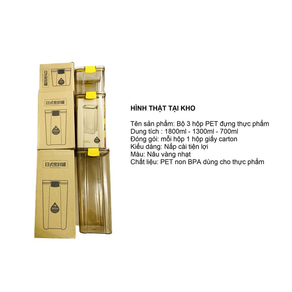 Bộ 3 hộp đựng thực phẩm khô nắp cài kiểu Nhật màu nâu vàng trong suốt tiện dụng