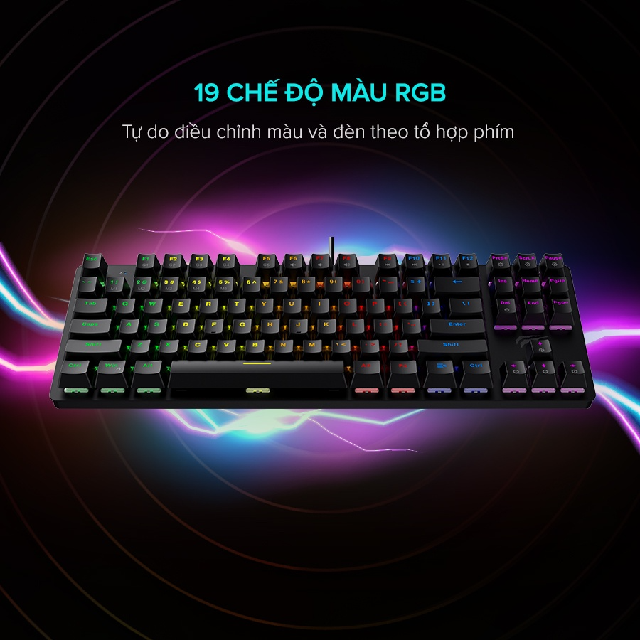 Bàn Phím Cơ Gaming HAVIT KB869L, 87 Keys, 19 Chế Độ RGB, Tuổi Thọ Phím 50.000.000 Lần - Hàng Chính Hãng