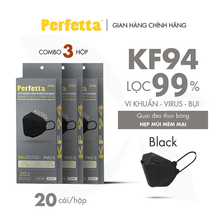 Combo 3 Hộp - Khẩu Trang Kf94 Phong Cách Hàn Quốc Chất Lượng Cao, Kháng Khuẩn, Chống Bụi Mịn, 3 Lớp, Bảo Vệ Tối Ưu, Đóng Gói Từng Cái - 20 Cáihộp - Đen