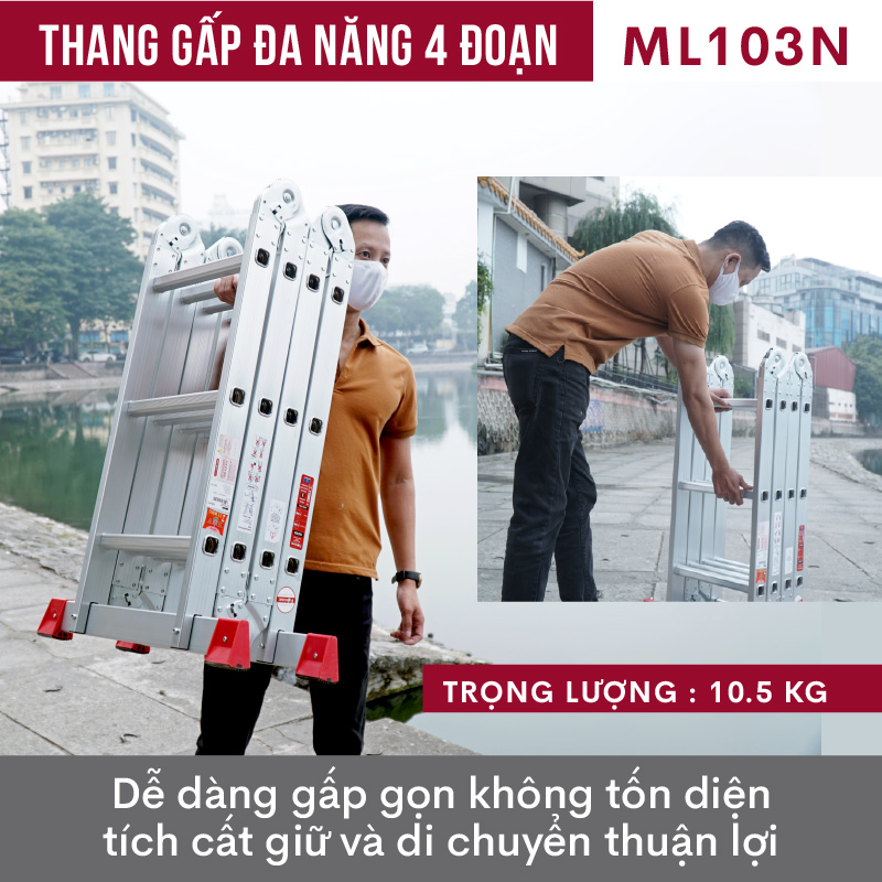 Thang nhôm gấp 4 đoạn chữ A Nhật Bản 3.4M Fujihome đa năng chống trượt, thang chữ M xếp gọn 4 khúc 3,4 mét gia đình có khóa an toàn aluminum ladder - Hàng Nhập Khẩu