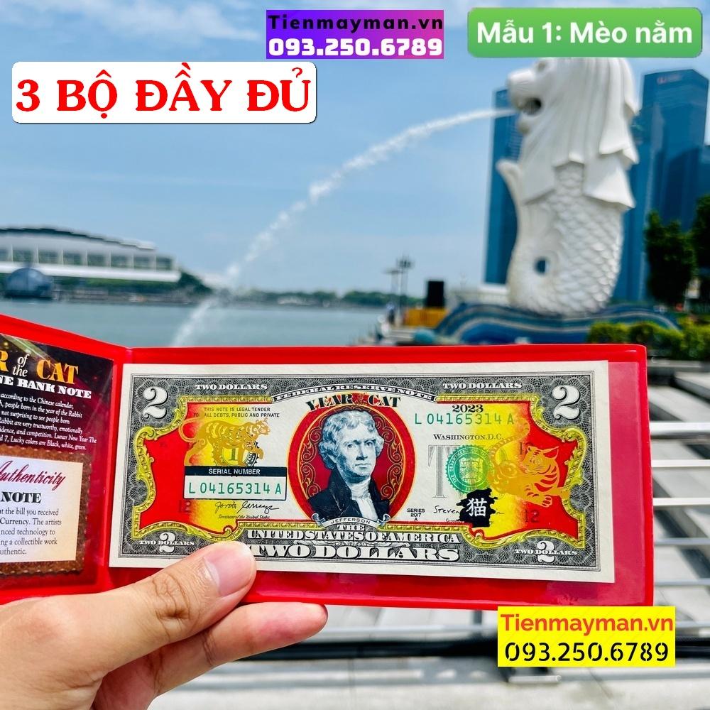 COMBO 3 TỜ 2 USD HÌNH CON Mèo 2023 MẠ VÀNG MỸ LÌ XÌ TẾT [MÈO NẰM], Tiền lì xì tết 2023 , NELI