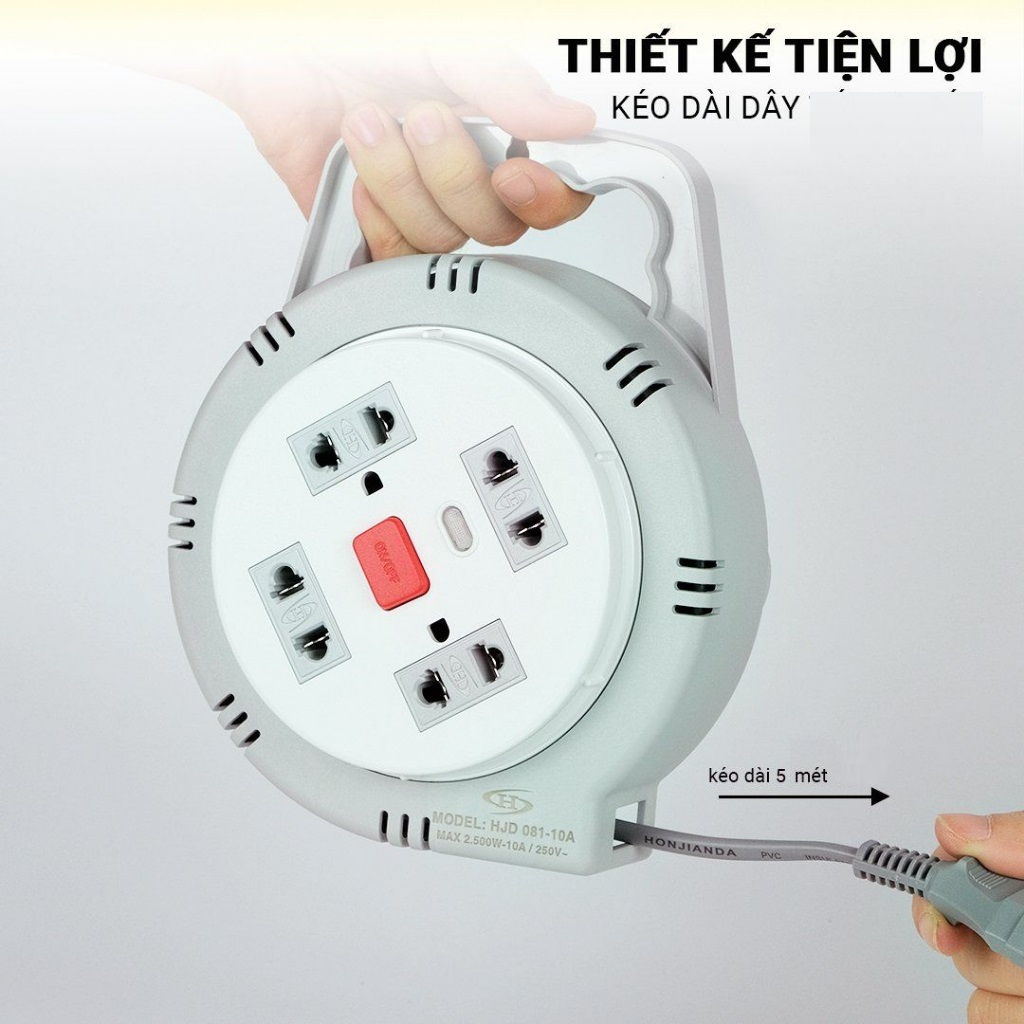 Ổ Cắm Điện Tròn Xoay Tay Honjianda HJD-081-10A Chiều Dài Dây 5M Công Suất Tối Đa Max 2500W 250V - 10A - Hàng Chính Hãng