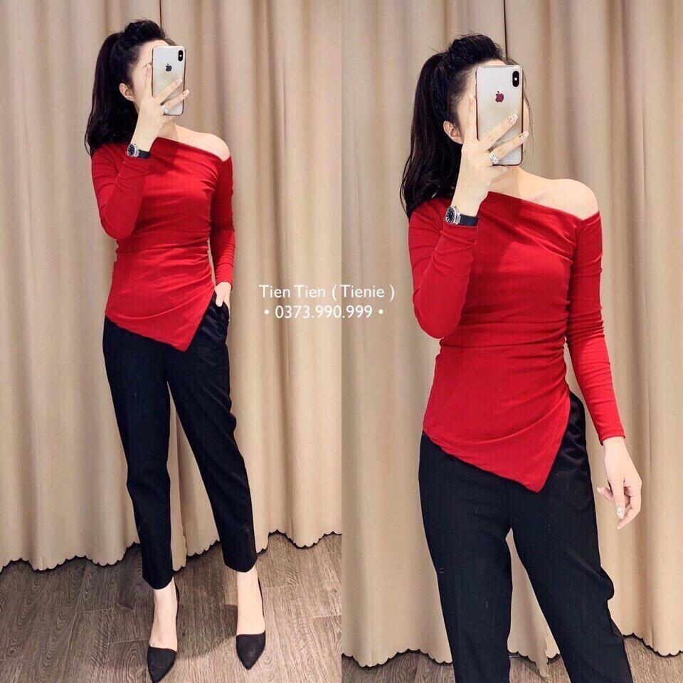 Áo thun lệch vai zúm eo vạt nhọn, Áo kiểu vạt nhọn dài tay vải conton co giãn AT1522 - NhiNhi Shop