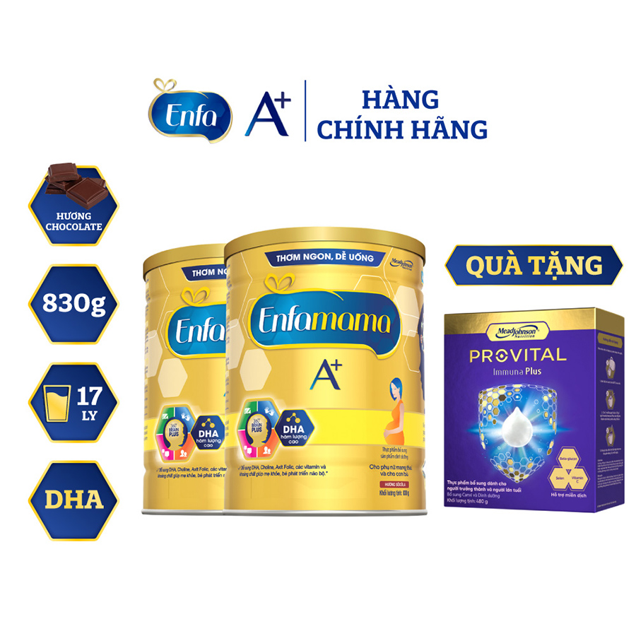 Bộ 2 lon Sữa bầu Enfamama 360° Brain Plus cho mẹ mang thai và cho con bú - Vị Chocolate - 830g - Tặng 1 hộp Provital 480g